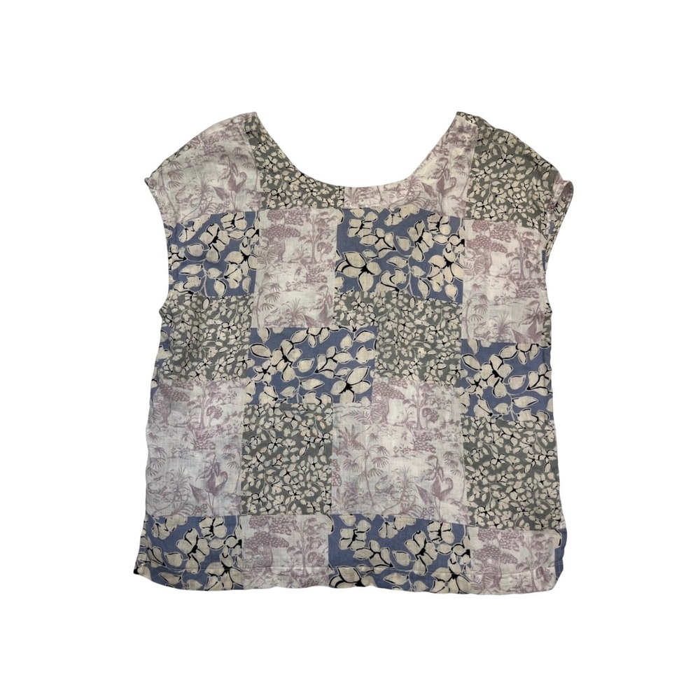 Nicole Miller New York 100% Linen Blue Patchwork Floral Sleeveless Blouse Size M